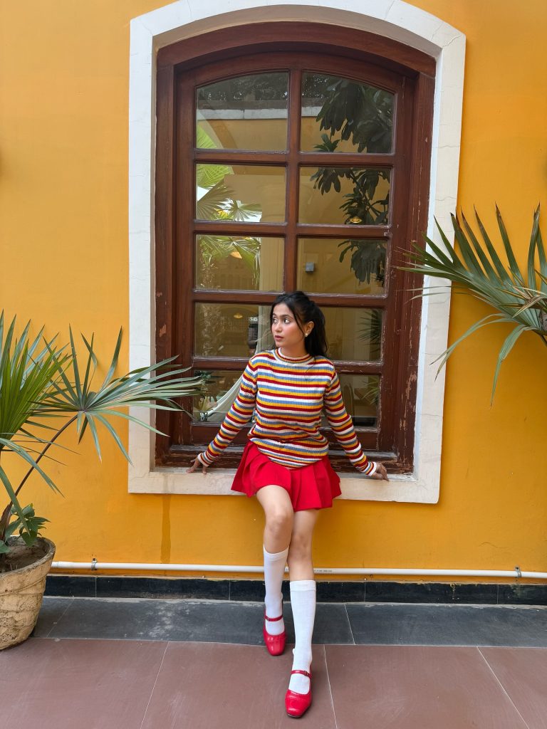 Multi-Color Striped Sweater + Red Pleated Mini Skirt + White Knee-High Socks