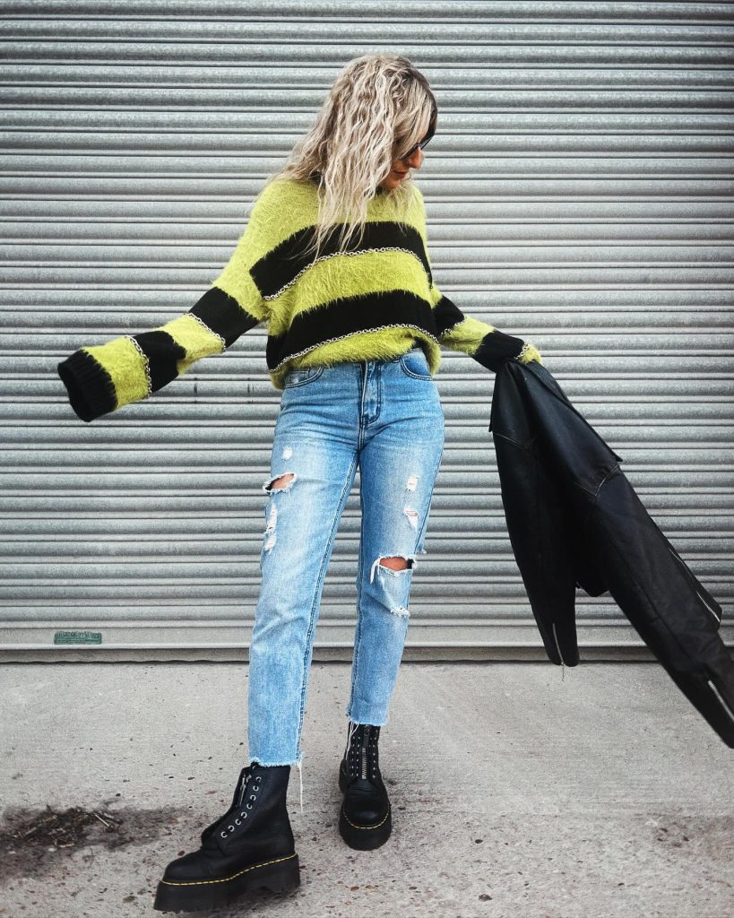 Yellow Striped Sweater + Ripped Jeans + Platform Boots