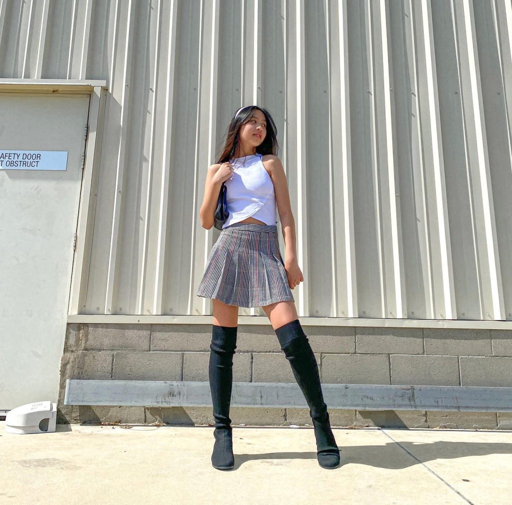 White Halter Top + Plaid Mini Skirt + Black Over-the-Knee Boots