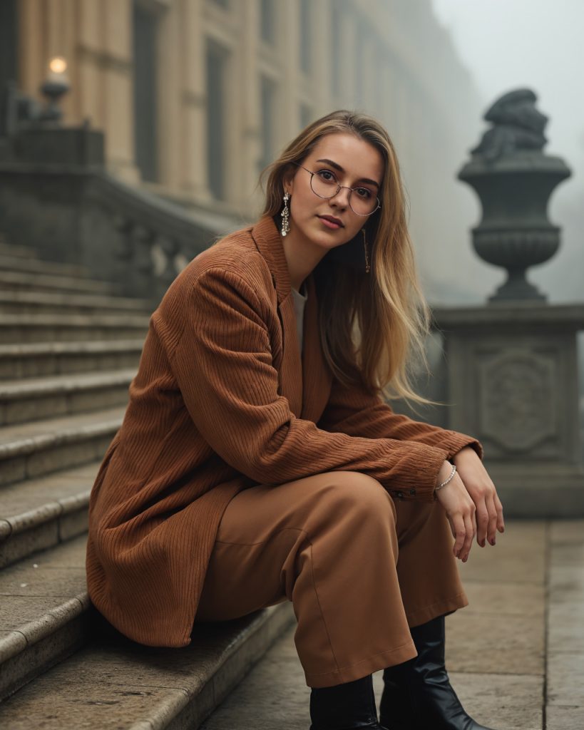  Camel Corduroy Blazer + Matching Trousers + Black Boots