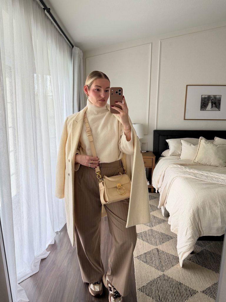 Cream Overcoat + Turtleneck Knit + Pinstripe Trousers
