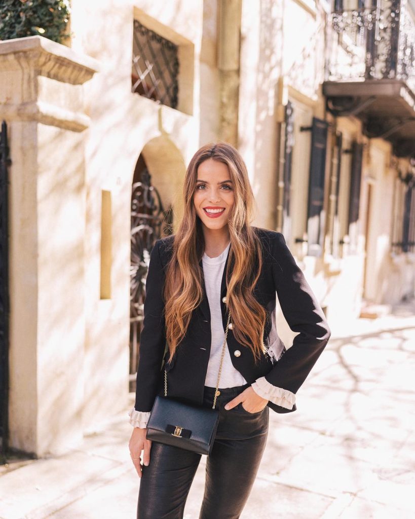 Black Gold-Button Blazer + Ruffle-Cuff Top + Black Leather Pants