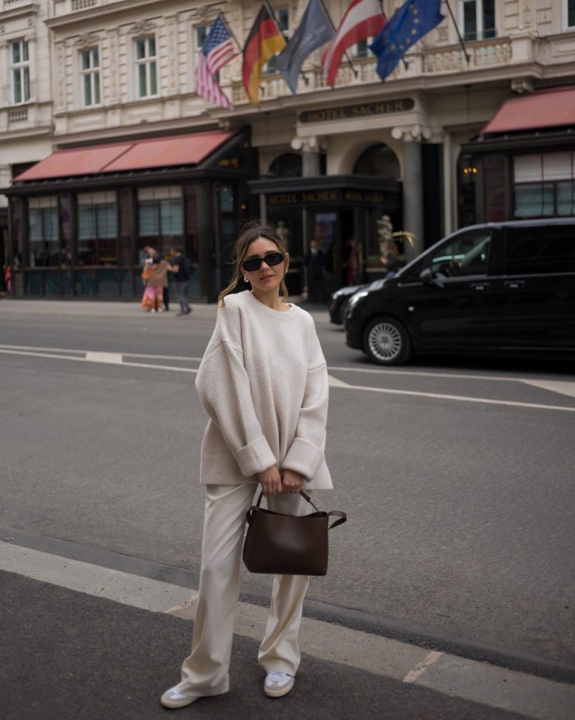 Cream Oversized Sweater + Wide-Leg Trousers + Leather Handbag
