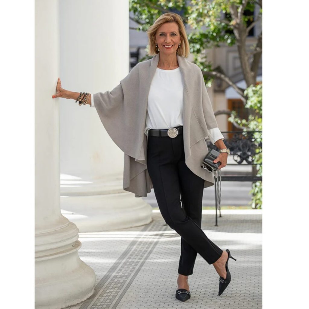 Grey Open-Front Cape + White Crewneck + Black Cigarette Pants