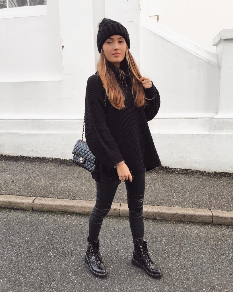 Black Oversized Sweater + Beanie + Leather Leggings
