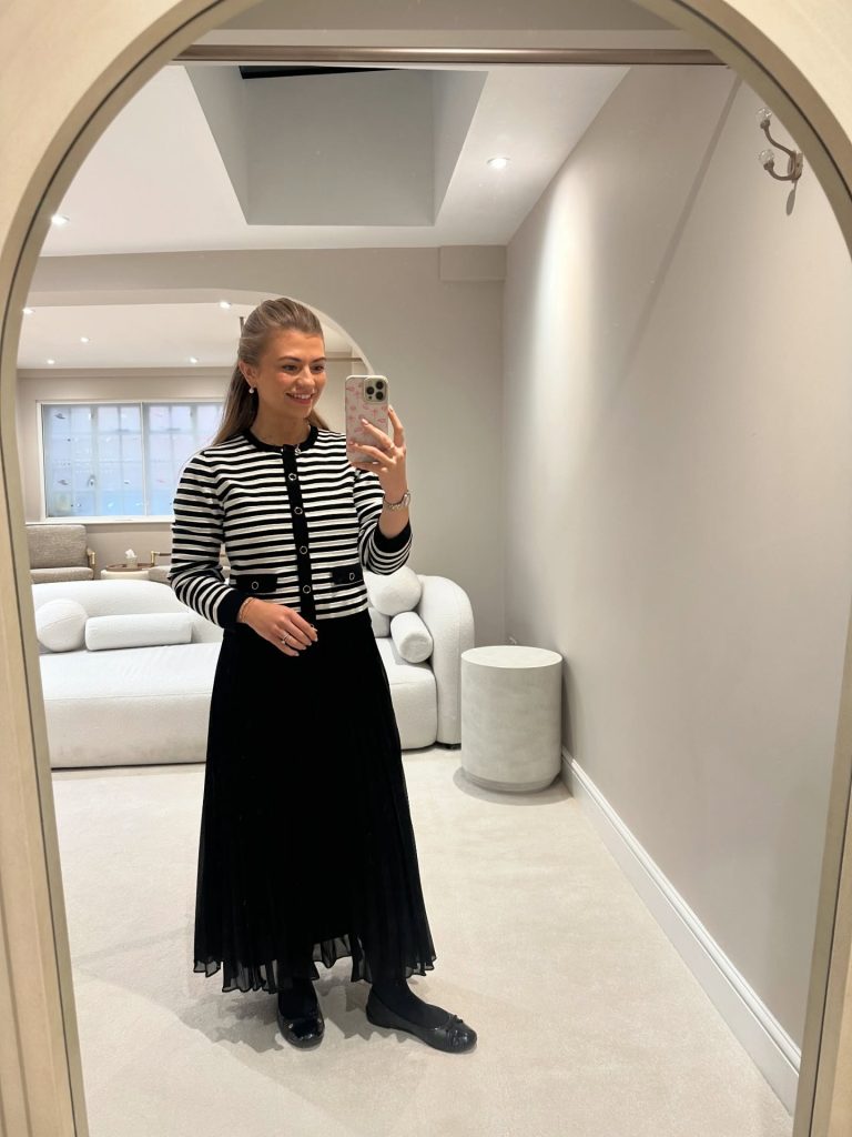 Striped Cardigan + Black Midi Skirt + Ballet Flats