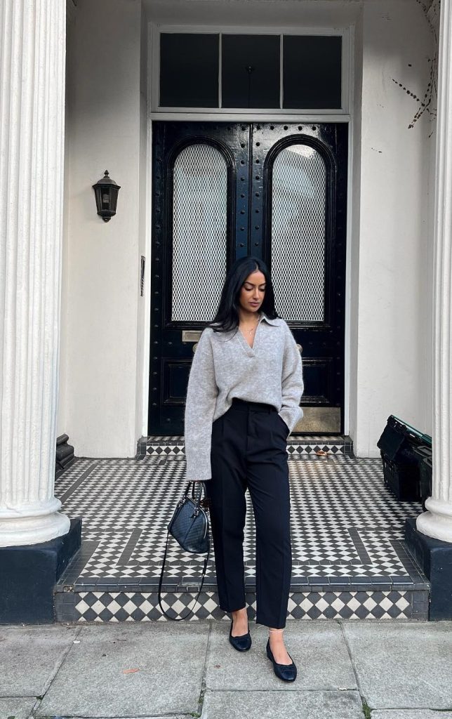  Grey V-Neck Sweater + Black Tailored Pants + Leather Handbag