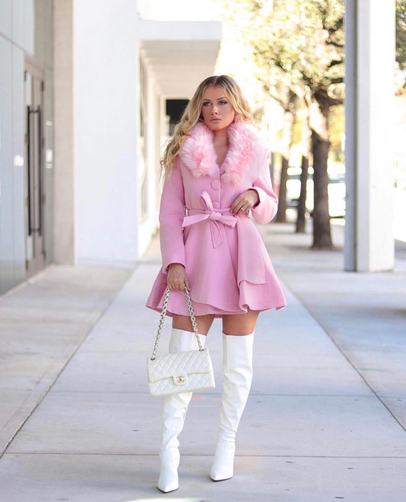Pink Fur-Collar Coat Dress + White Over-the-Knee Boots + Quilted Handbag