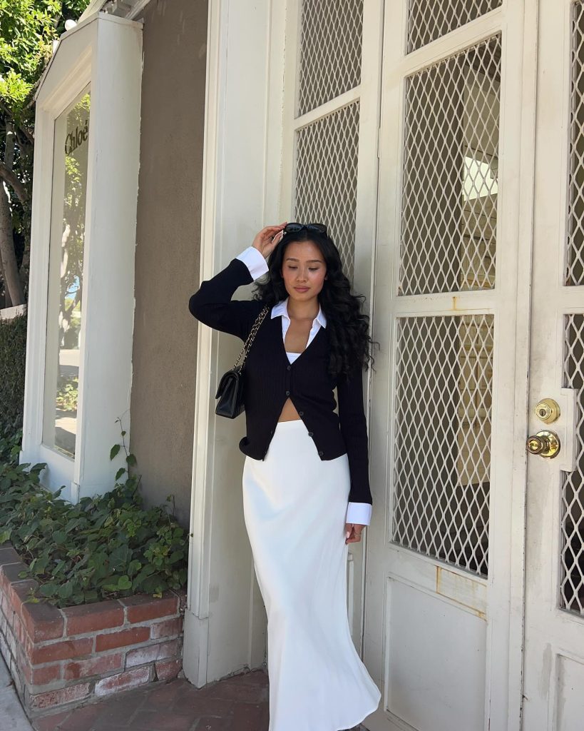 Black Cardigan + White Silk Maxi Skirt + White Collared Shirt