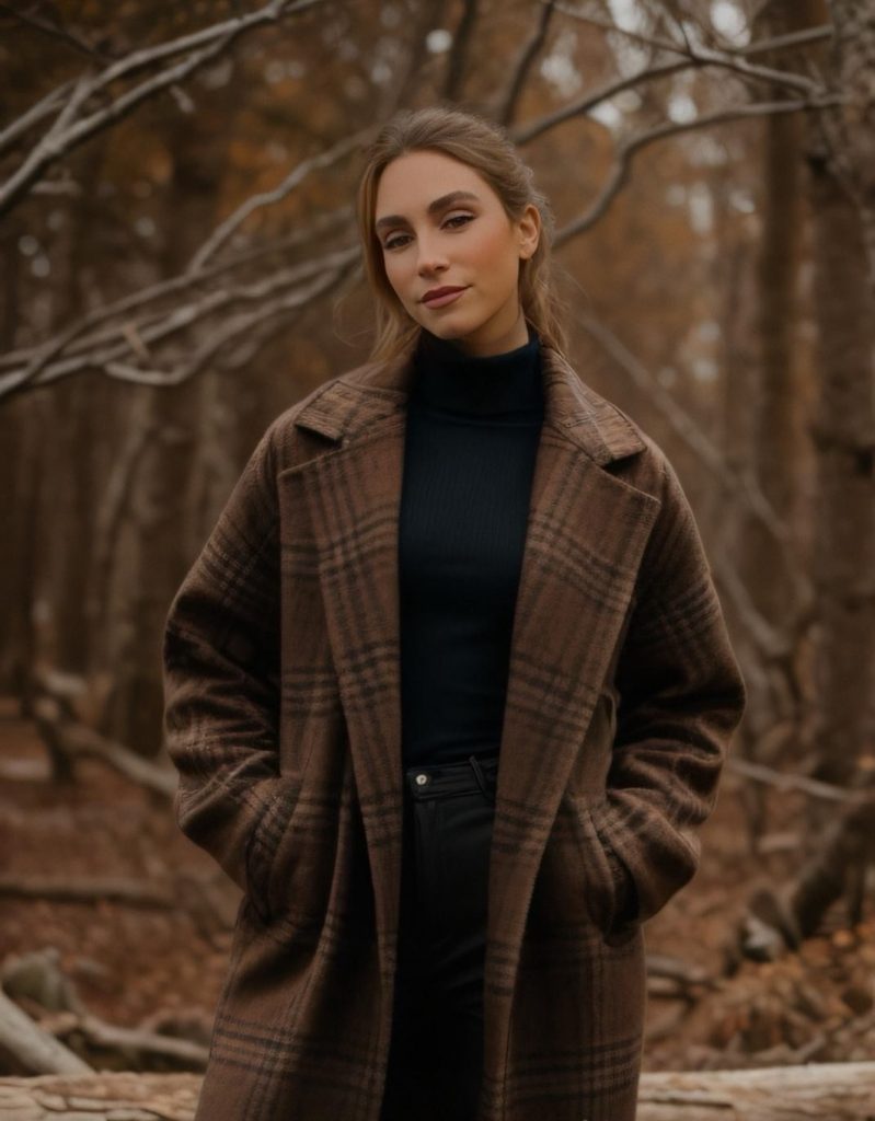 Brown Plaid Coat + Black Turtleneck + Dark Jeans