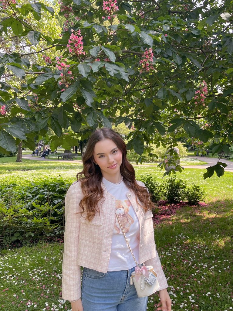 Pink Tweed Jacket + Graphic T-Shirt + Light Wash Jeans