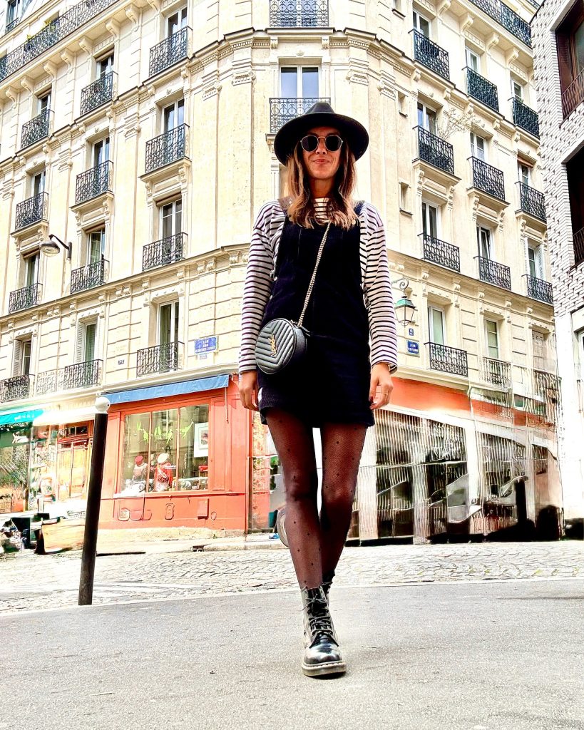 Black Pinafore Dress + Striped Long Sleeve + Wide Brim Hat