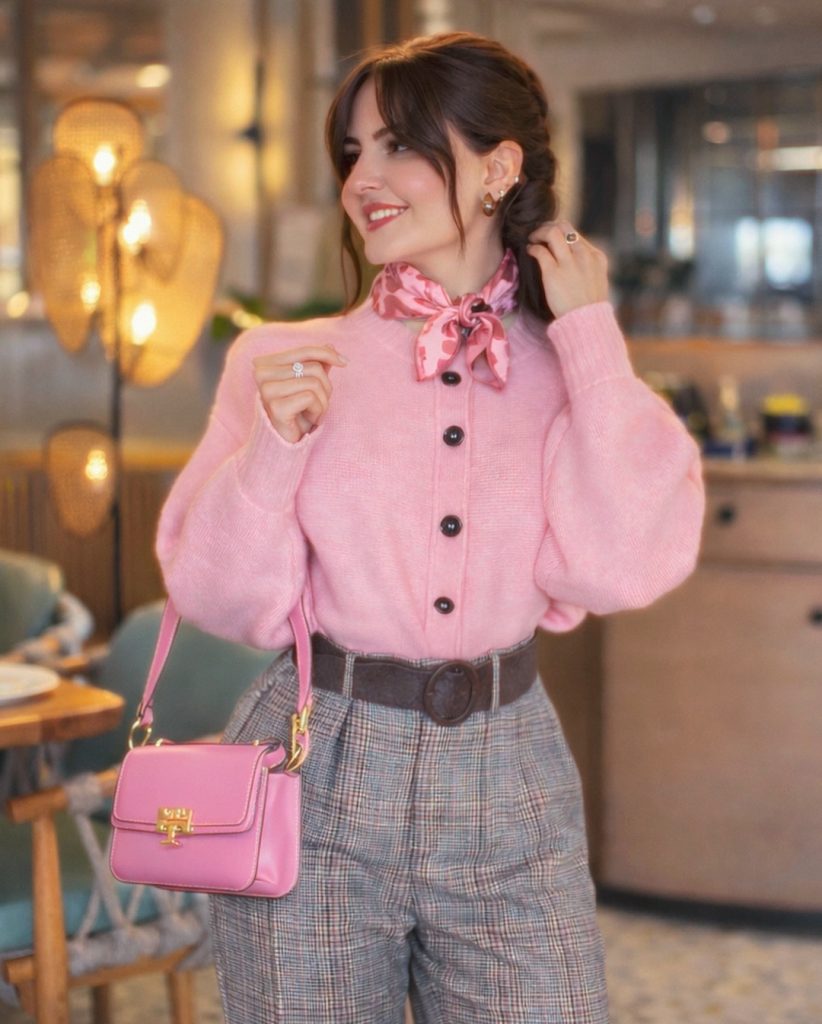 Pink Button-Up Cardigan + Plaid Trousers + Silk Neck Scarf