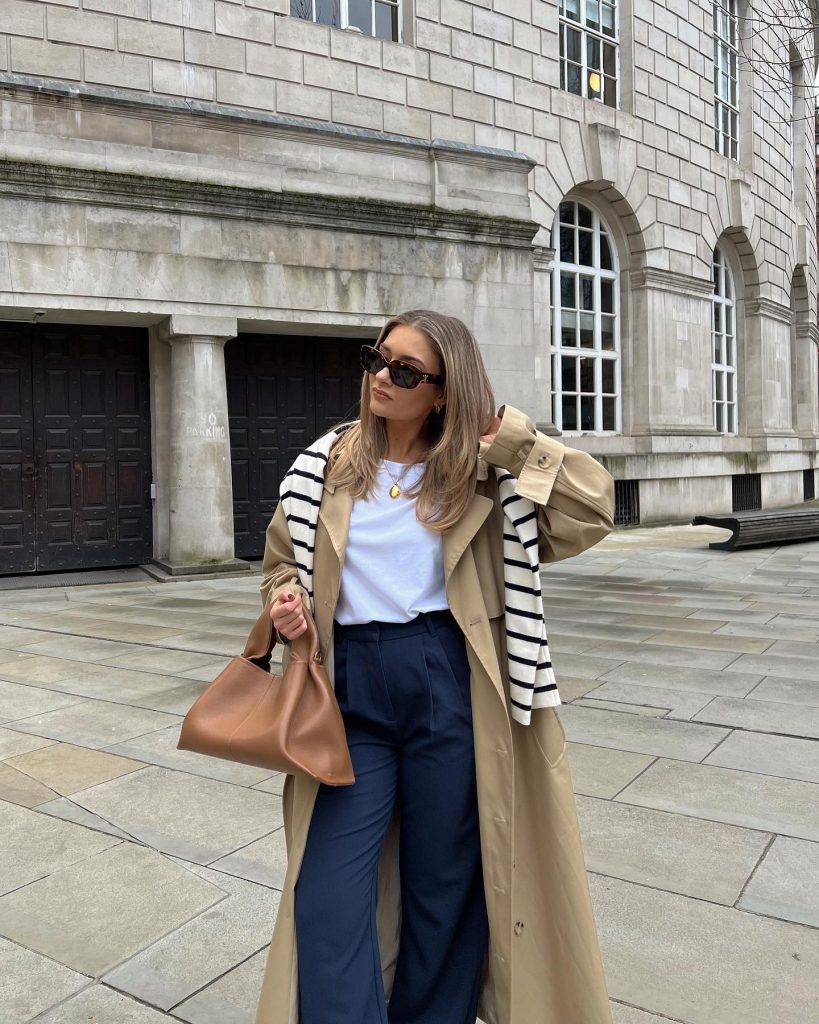 Khaki Trench Coat + Navy Trousers + Striped Sweater (Shoulder Drape)
