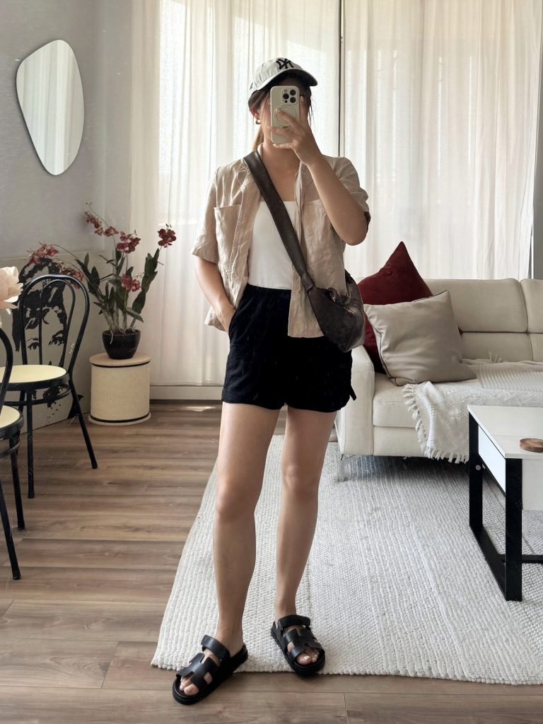 Beige Short-Sleeve Button-up + White Bodysuit + Black Shorts