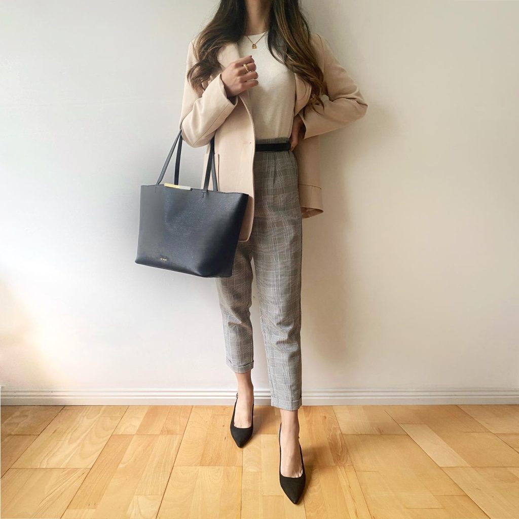 Beige Blazer + White Knit Top + Plaid Trousers