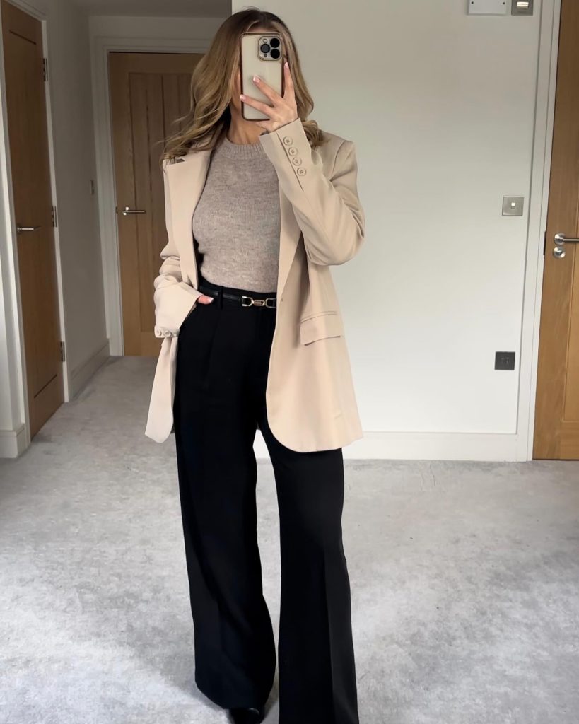 Tan Oversized Blazer + Taupe Crewneck + Wide-Leg Trousers