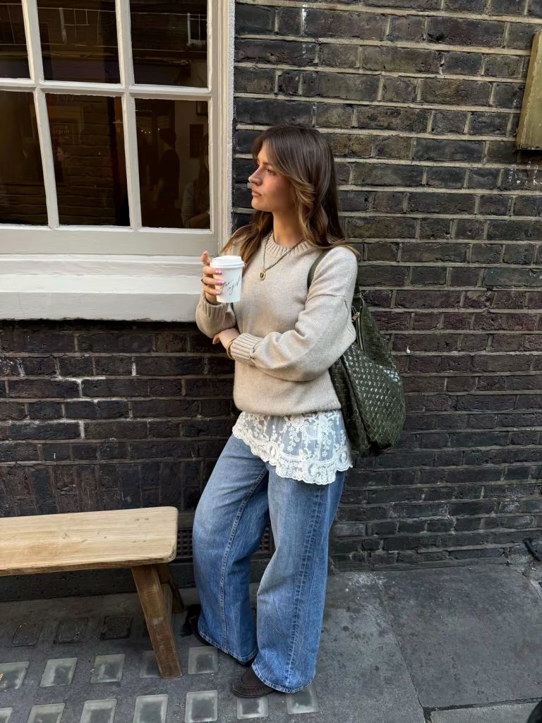 Beige Crewneck Sweater + Wide Leg Jeans + Lace Hem Detail