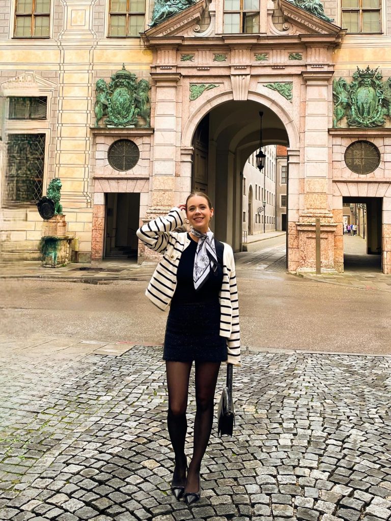 Striped Cardigan + Black Mini Skirt + Silk Scarf