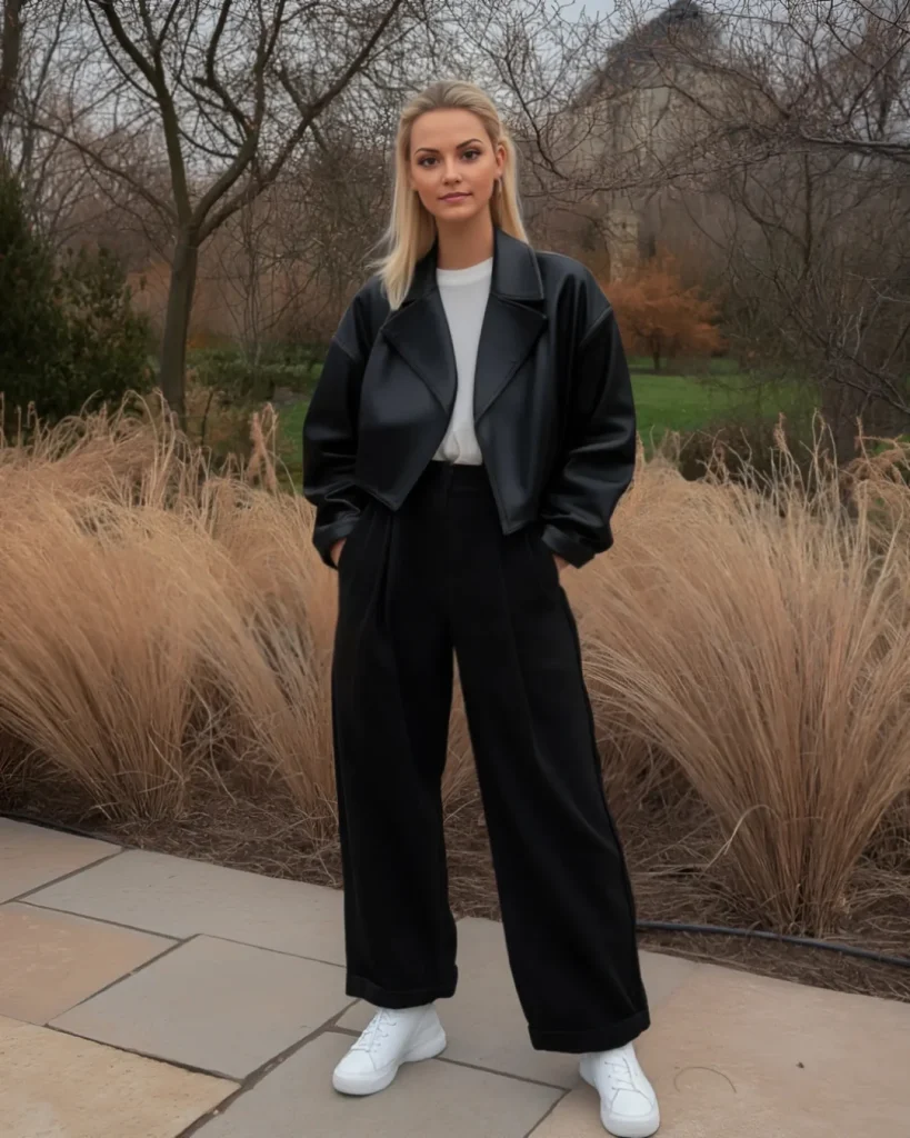 Black Oversized Leather Jacket + White T-Shirt + Wide-Leg Trousers
