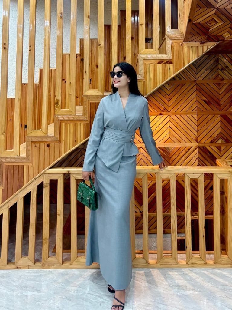 Dusty Blue Peplum Blazer + Matching Maxi Skirt