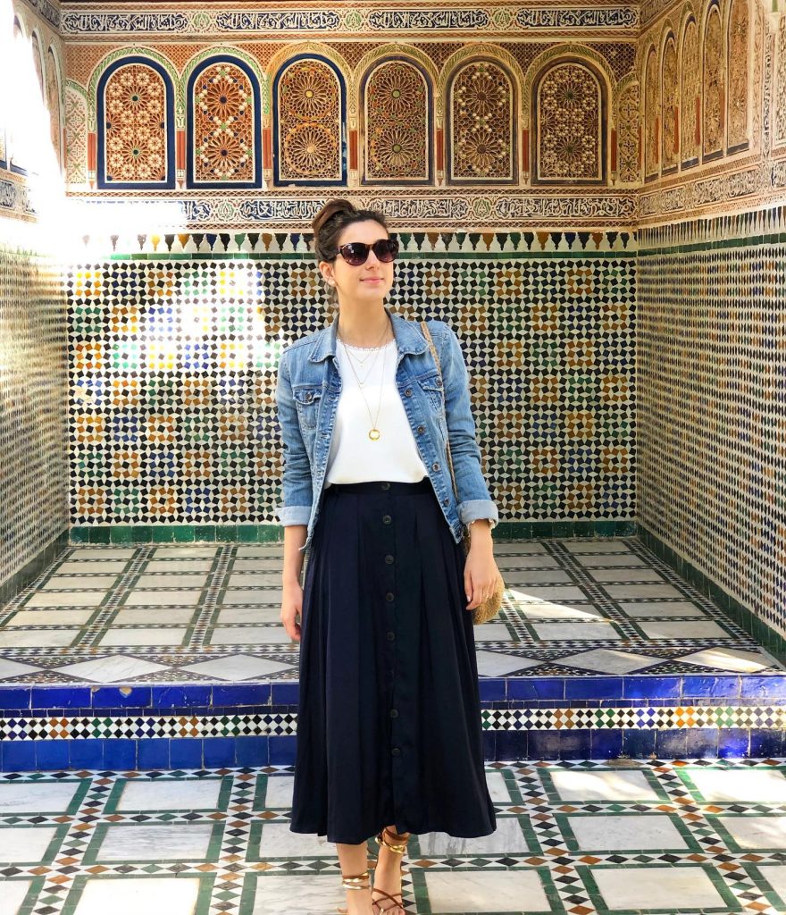 Denim Jacket + White Lace Top + Navy Button-Down Midi Skirt