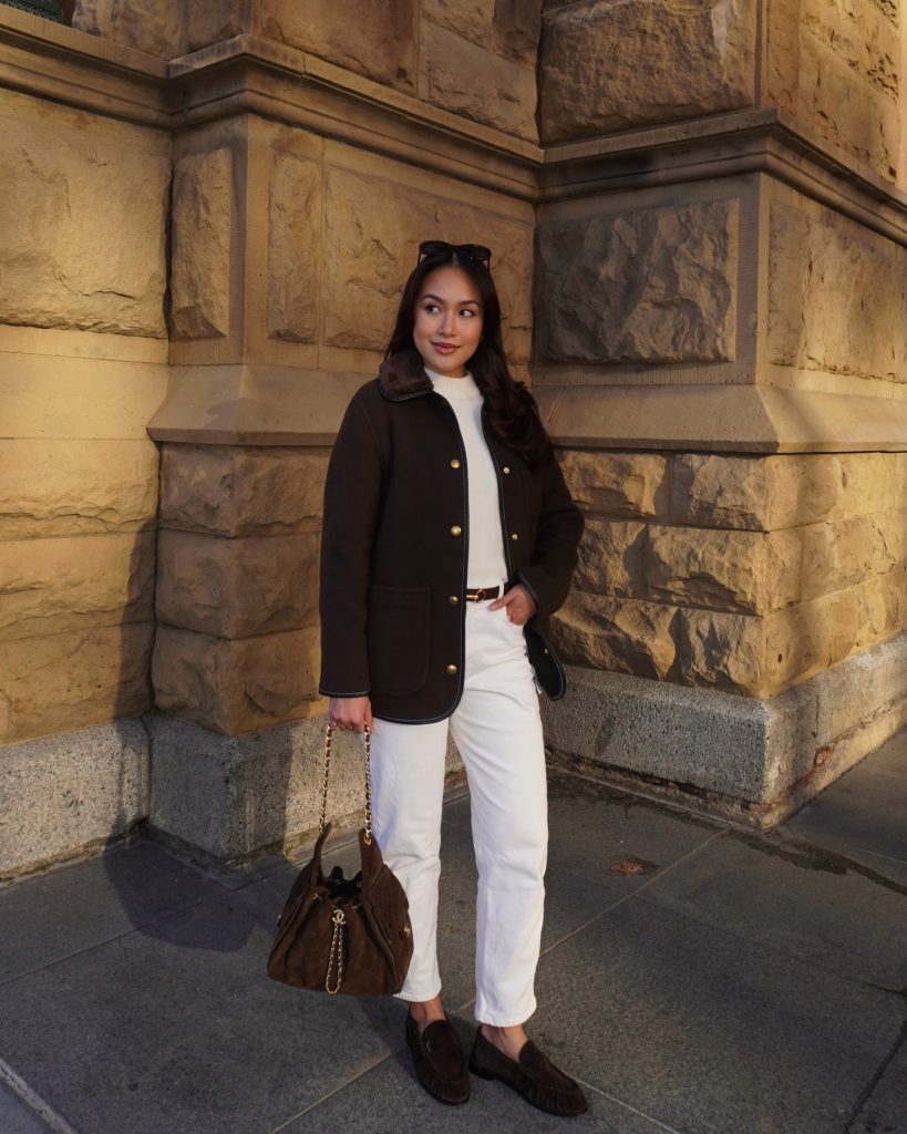 Brown Utility Jacket + White Turtleneck + White Denim