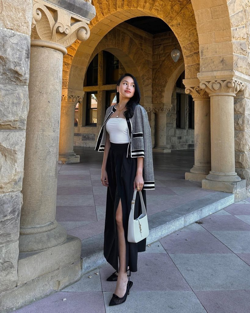 Black and White Patterned Cardigan + White Tube Top + Black Maxi Skirt