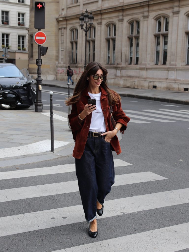  Rust Suede Shirt + White Graphic Tee + Barrel Jeans