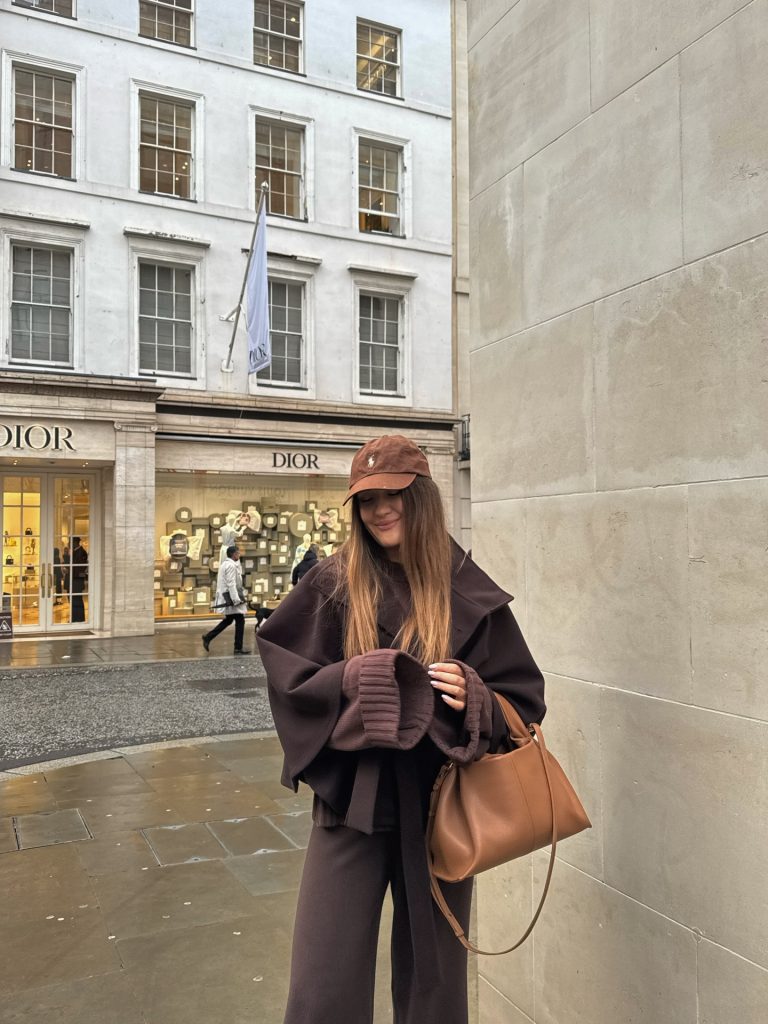 Chocolate Brown Poncho + Knit Lounge Pants + Suede Baseball Cap