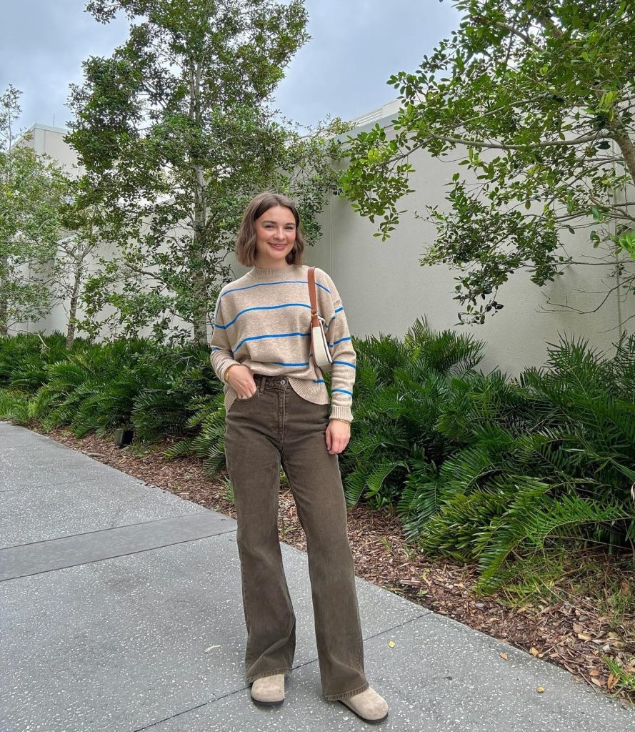 Beige Striped Sweater + Brown Wide-Leg Pants + Suede Mules