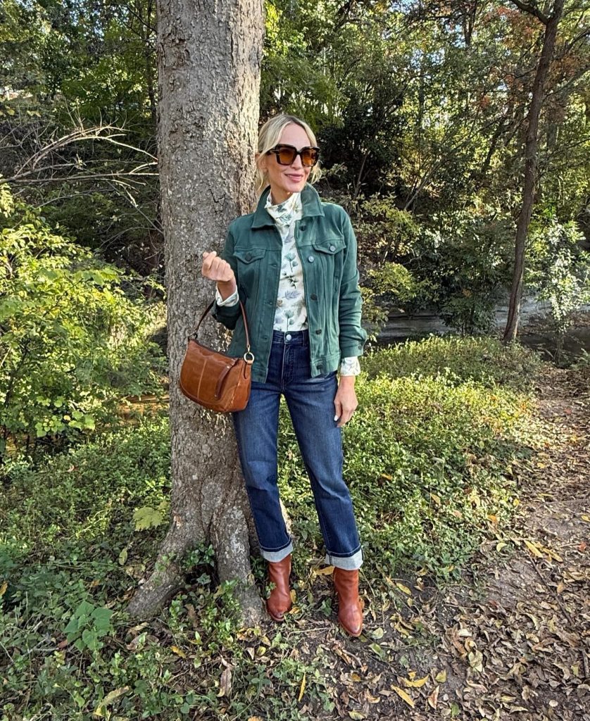 Green Denim Jacket + Floral Turtleneck + Straight-Leg Jeans