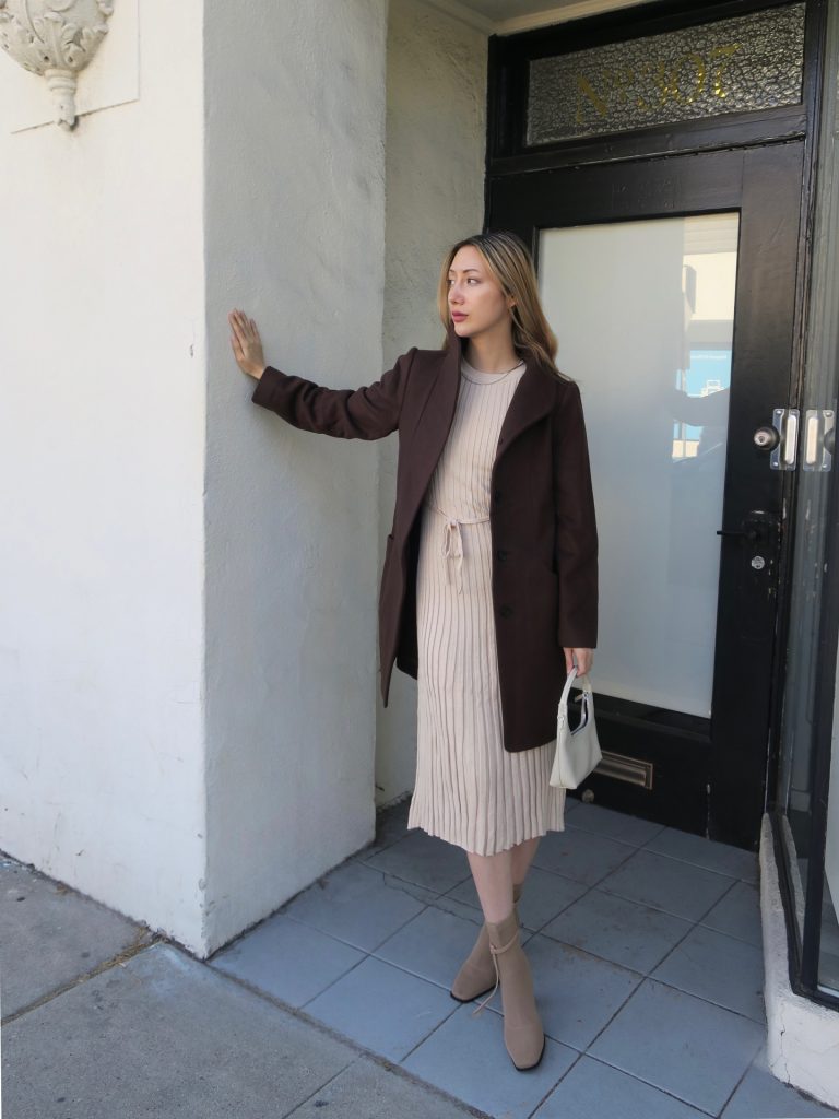 Chocolate Overcoat + Beige Ribbed Dress + Suede Boots