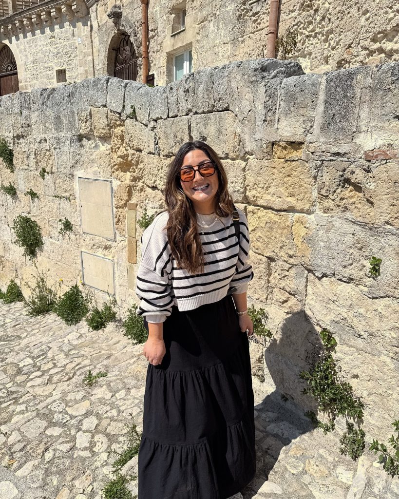 Striped Knit Sweater + Black Tiered Maxi Skirt + Oversized Sunglasses