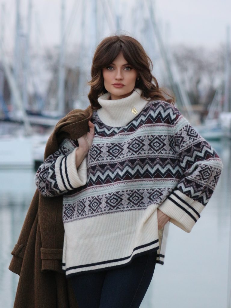 Cream Patterned Fair Isle Sweater + Dark Denim + Brown Wool Coat