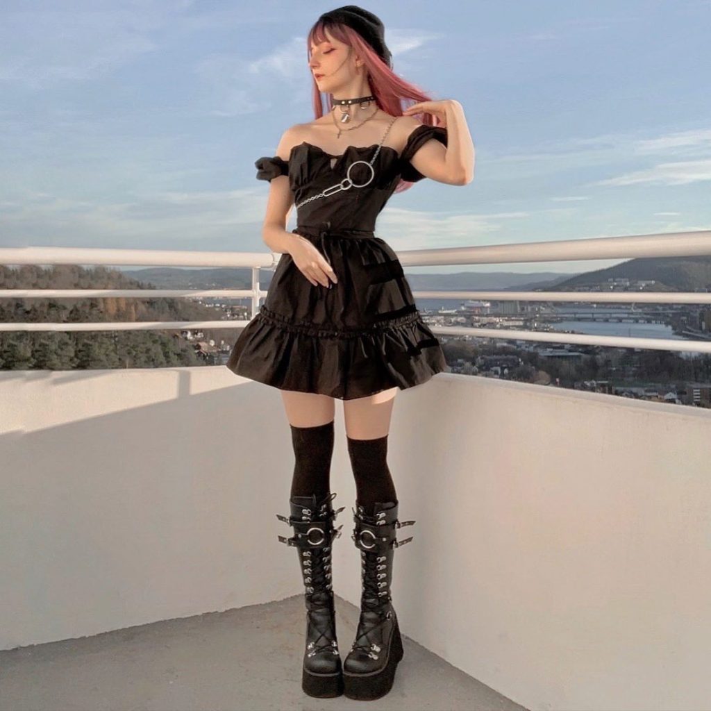 Black Off-the-Shoulder Dress + Platform Buckle Boots