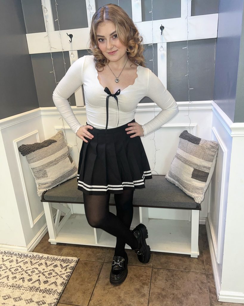 White Scalloped Top + Pleated Mini Skirt + Platform Loafers