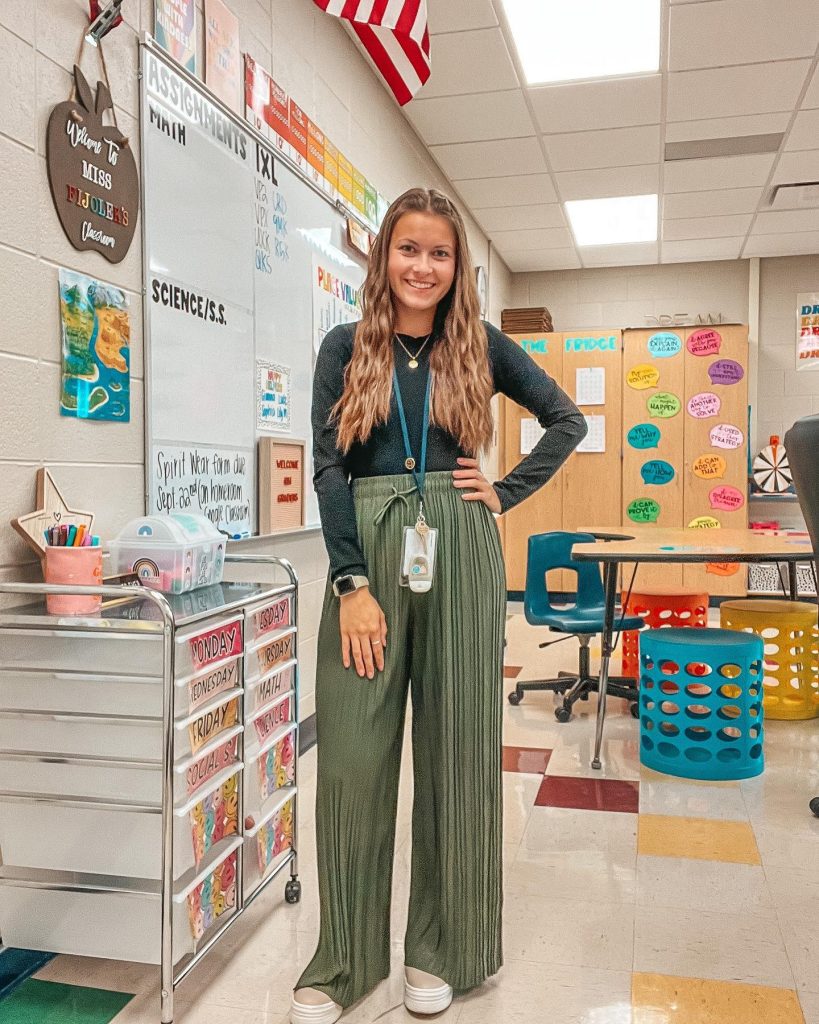 Black Long Sleeve Top + Olive Pleated Trousers + White Platform Sneakers