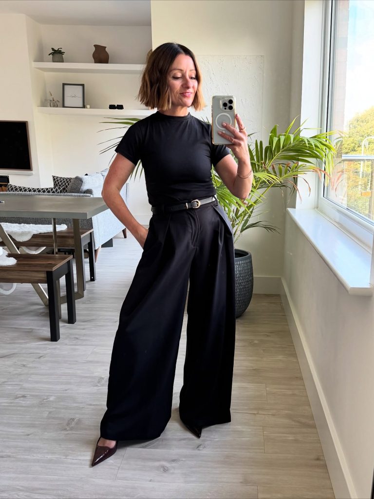 Black T-Shirt + Wide Leg Trousers + Pointed Heels