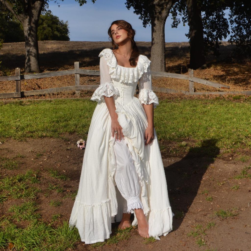  White Lace Gown + Ruffled Corset + Eyelet Bloomers