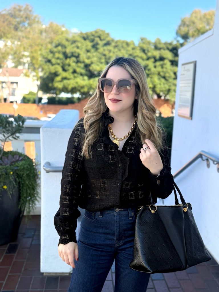 Black Lace Blouse + Dark Wash Jeans + Gold Chain Necklace