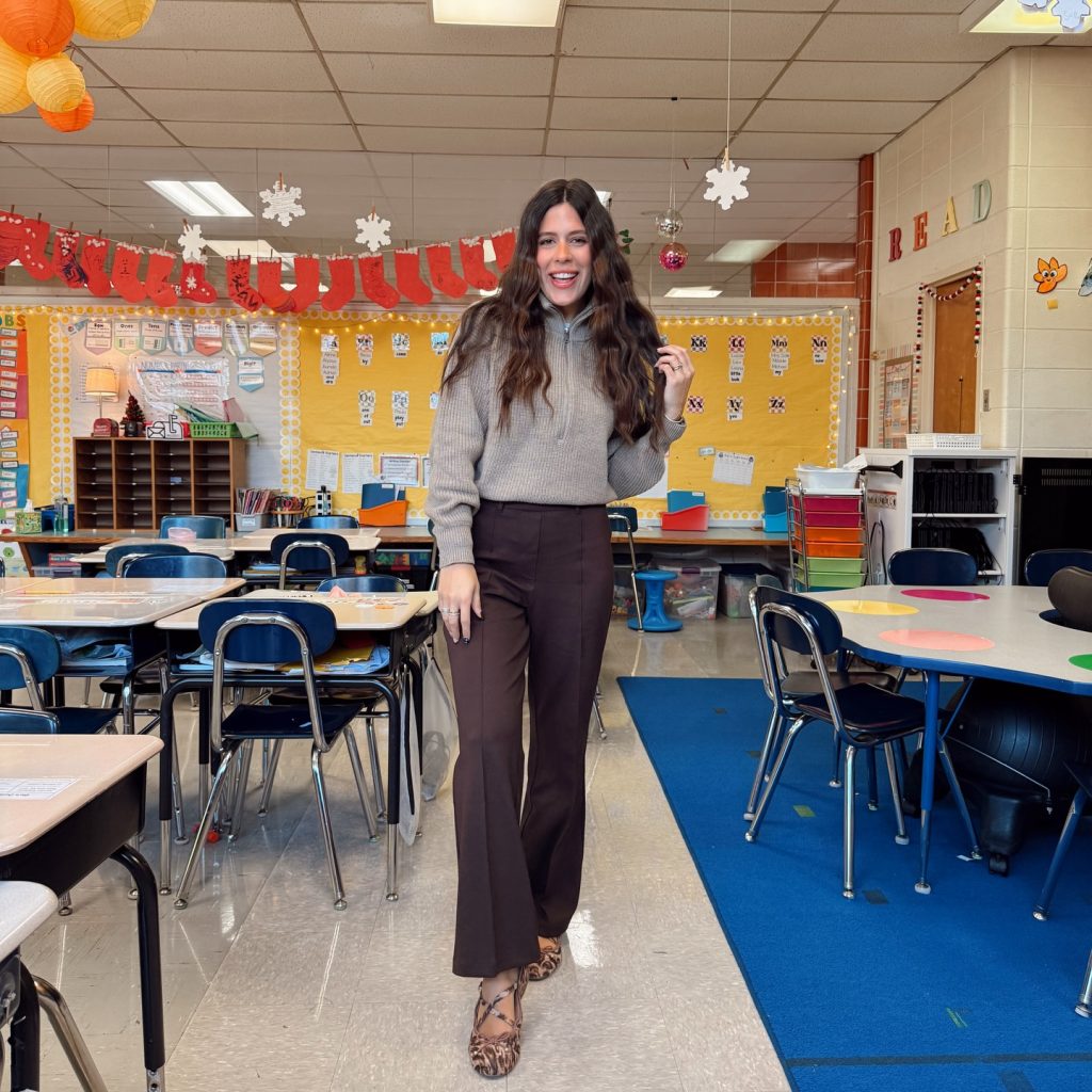 Taupe Quarter-Zip Sweater + Chocolate Brown Flare Pants + Leopard Print Flats