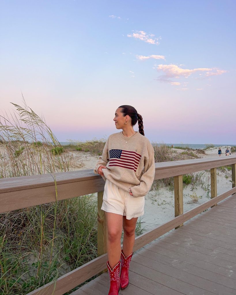  Beige Flag Sweater + White Shorts + Red Cowboy Boots