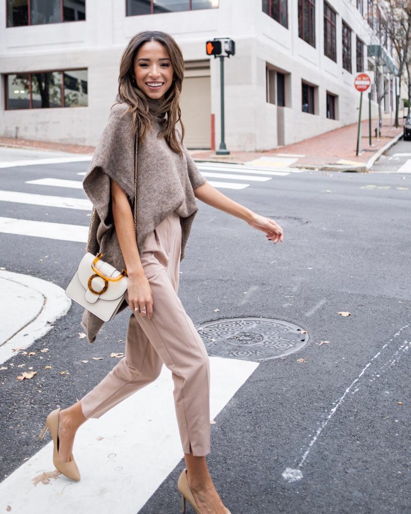 Brown Poncho Sweater + Beige Tapered Pants + Pointed Heels