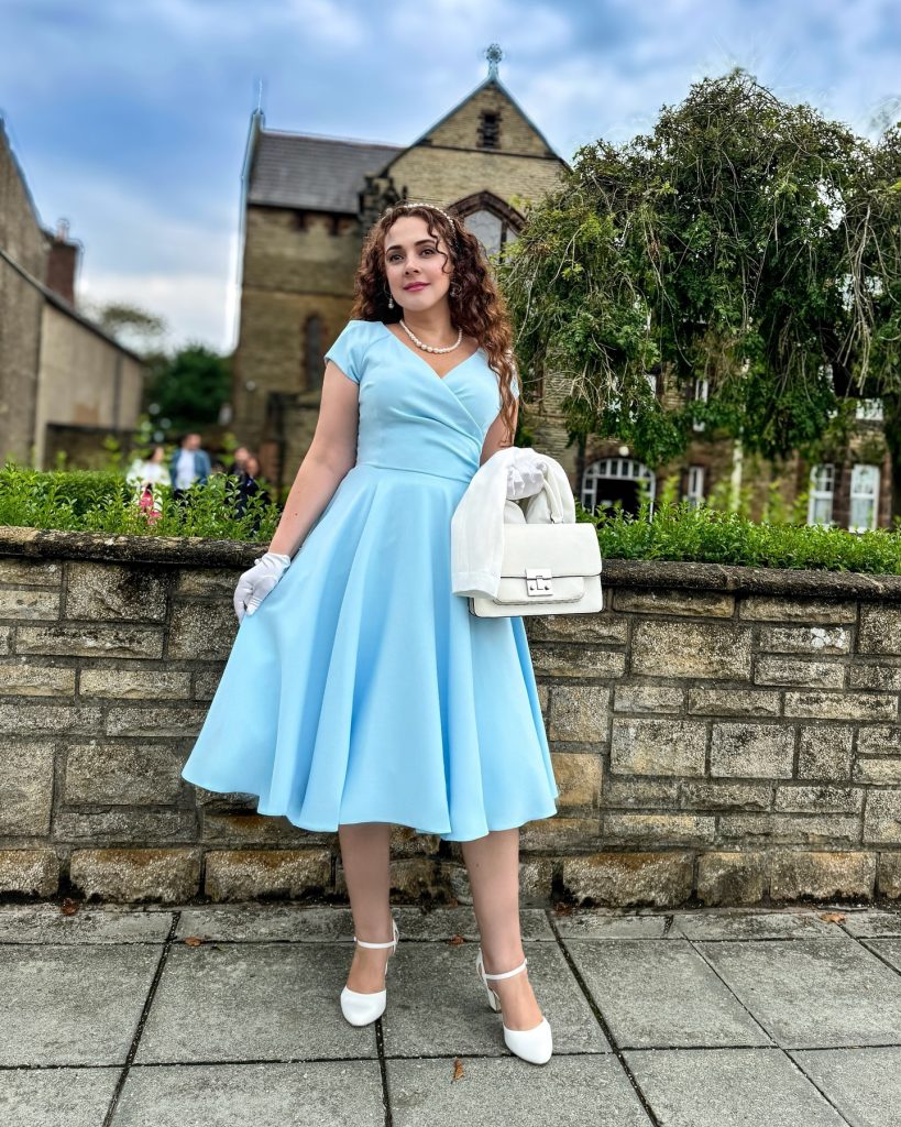 Light Blue Fit-and-Flare Dress + White Gloves + Pearl Necklace