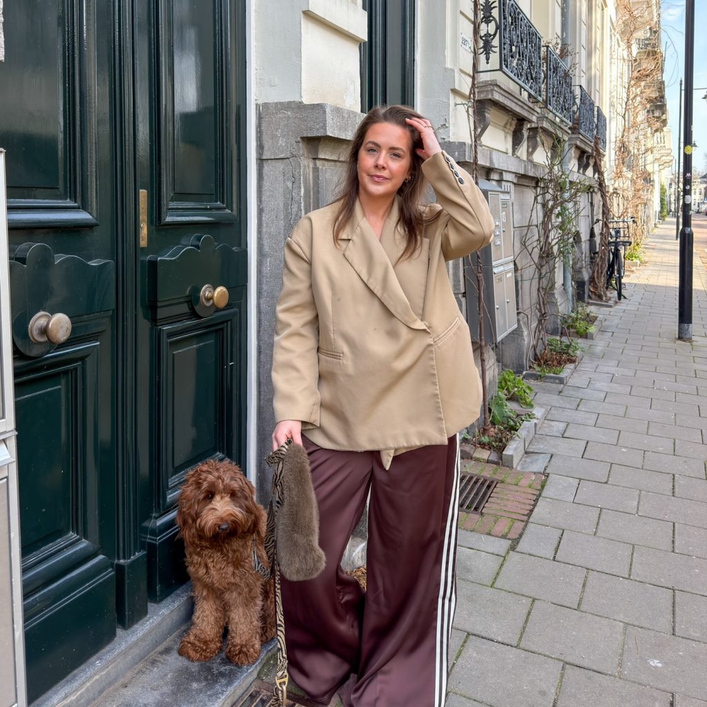 Beige Blazer + Satin Track Pants + Brown Poodle