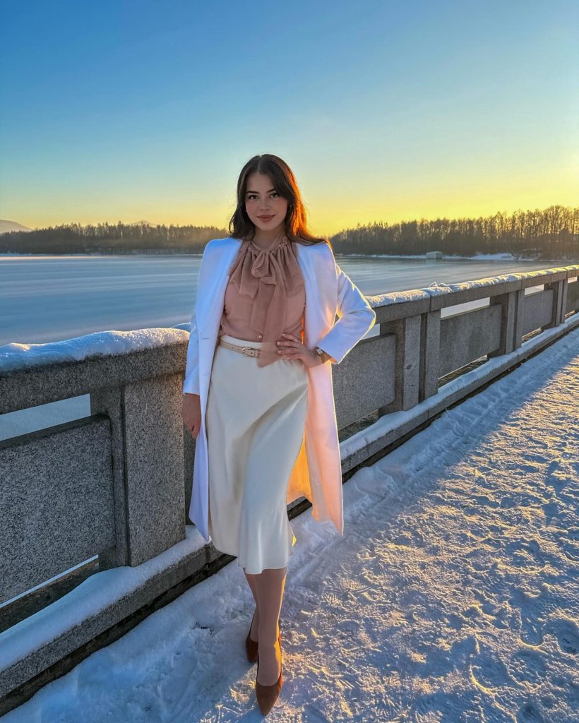 White Overcoat + Bow-Tie Blouse + Cream Midi Skirt