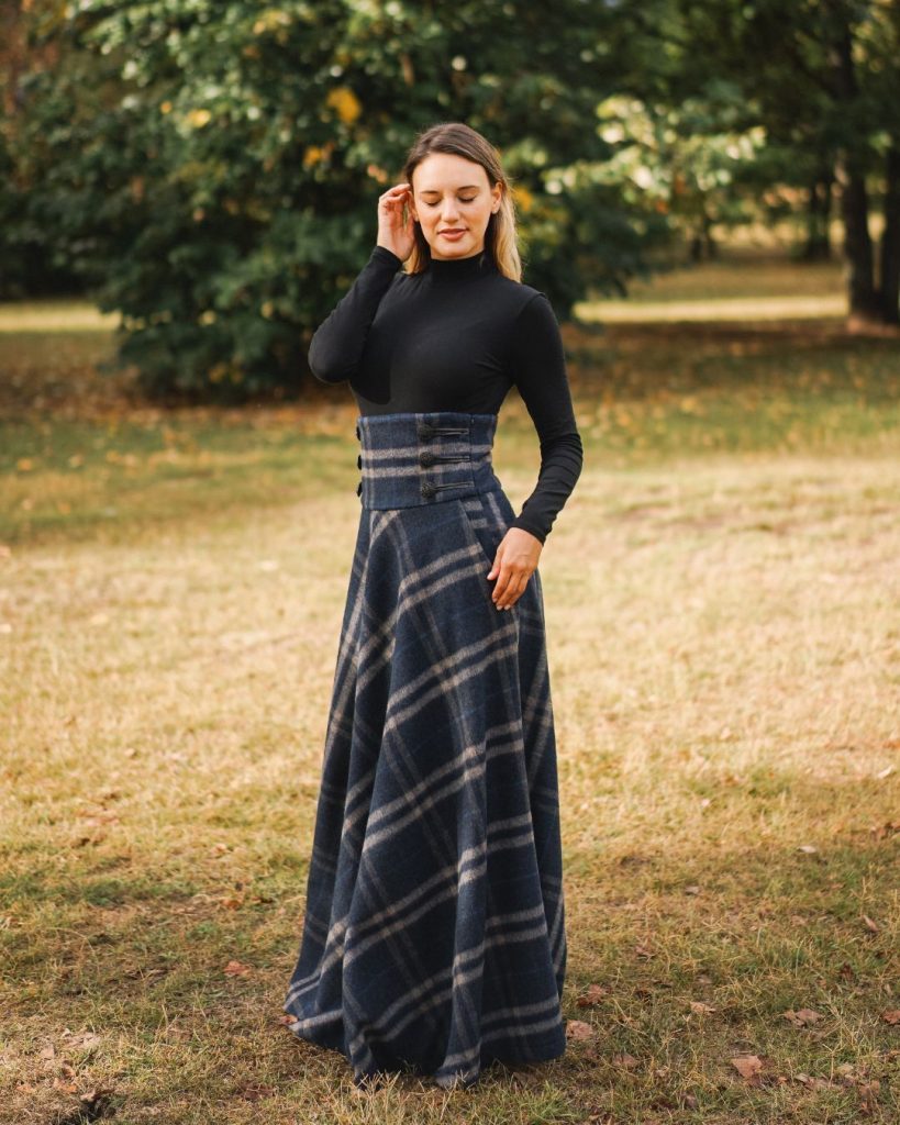 Navy Plaid Maxi Skirt + Black Mock Neck + High-Waisted Belt