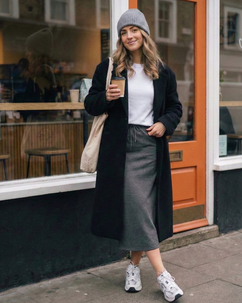 Black Long Coat + White Tee + Charcoal Maxi Skirt