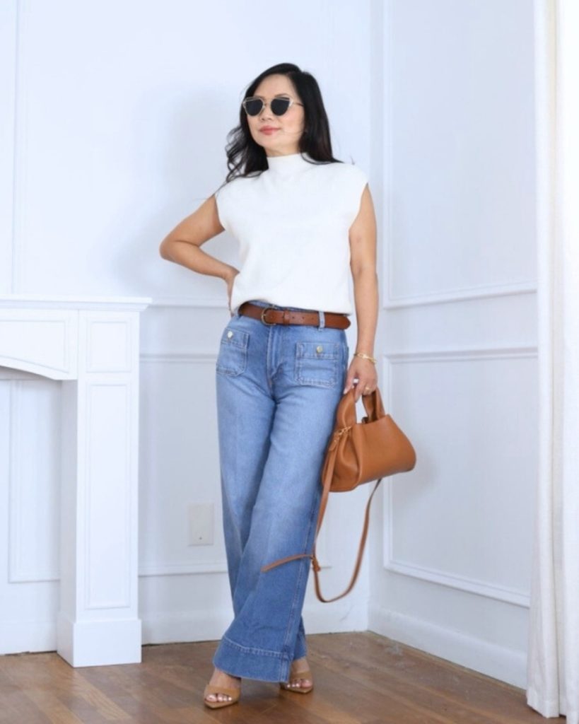 White Mock-Neck Top + Wide-Leg Jeans